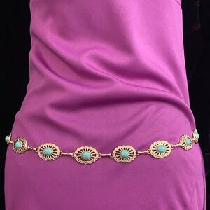 Gold tone chain belt with turquoise accents #269